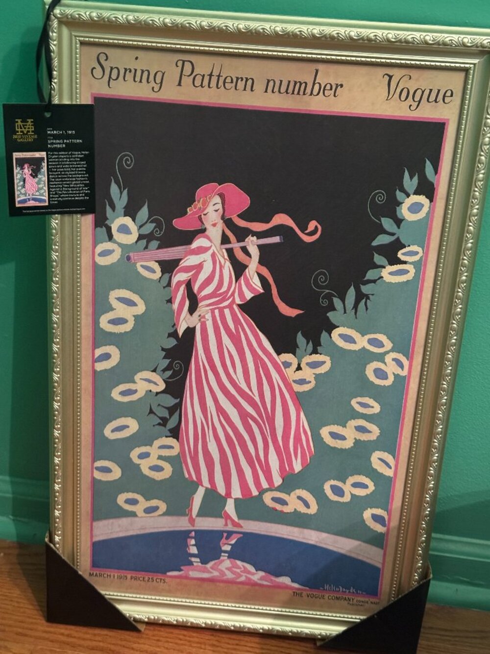 Mod Vintage Gallery Vogue Art Print Pink Parisian Lady 1915 Umbrella Gold Frame